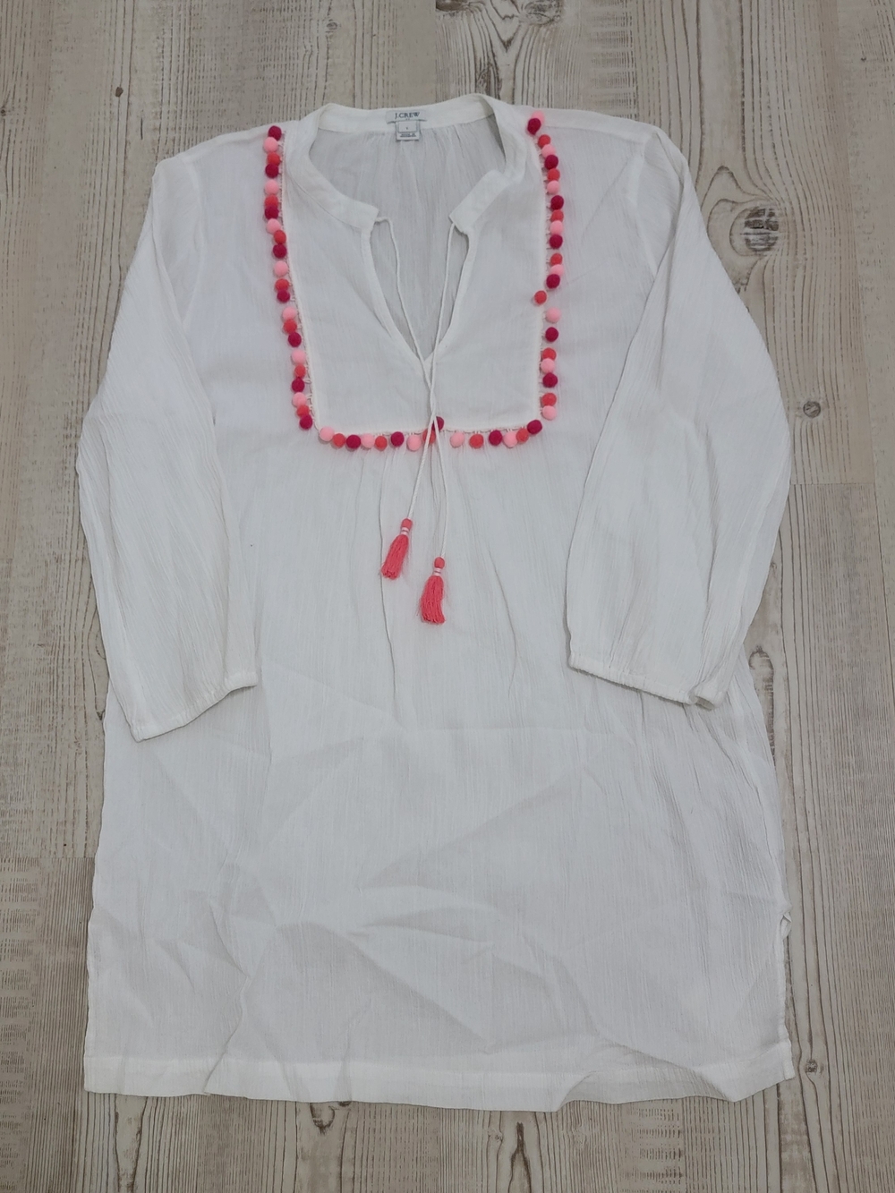 J. Crew Factory Pom-pom Tunic Cover-up White Large Beach Resort Boho 100% Cotton